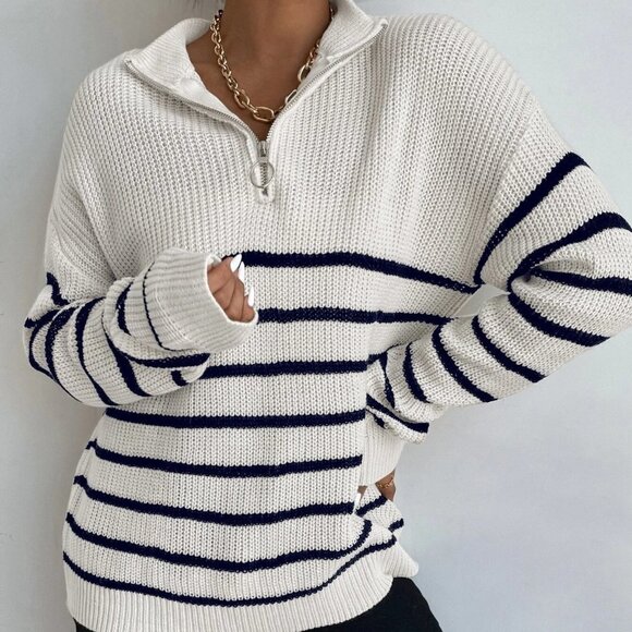 White Casual Womens Striped Drop Shoulder Zipper Front Sweater - Picture 5 of 5